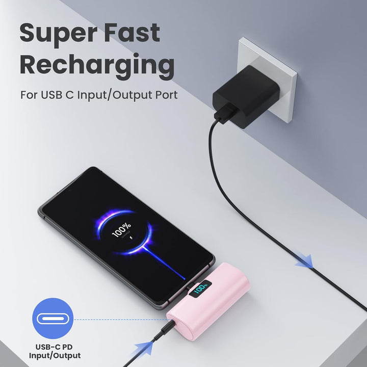 Mini Powerbank 5200mAh, Klein Power Bank USB C PD Externer Akku, Compact LCD Digitalanzeige Akkupack