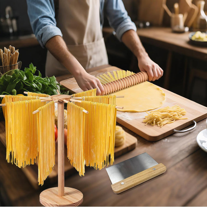 Pasta Herstellungs Set 9 Stück mit Pastatrockengestell, Nudelholz mit Gewinde, 2 Nudelhölzern, Gnocc