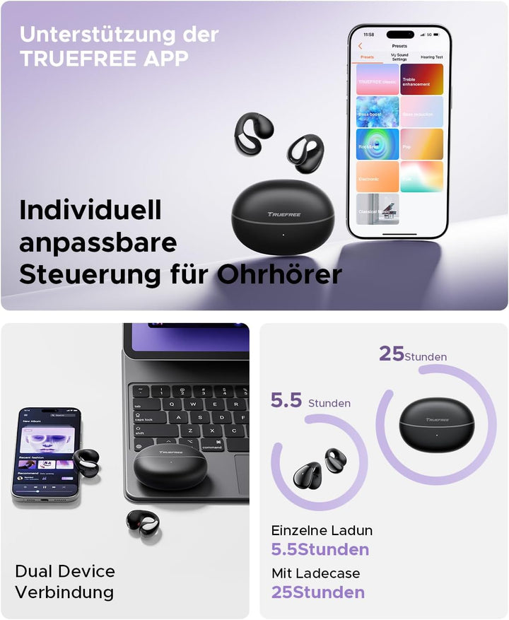truefree B1 Open Ear Bluetooth Kopfhörer, Clip-On Kopfhörer Sport, Kabellose Bluetooth 5.4, Komfort-