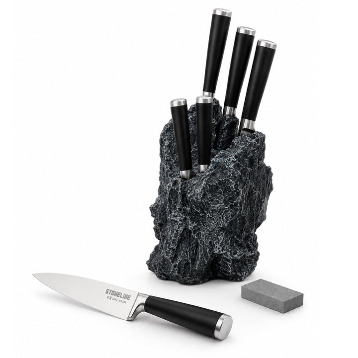 STONELINE® EXCALIBUR® Messerblock, bestückt, 6-teilig, rostfreier Spezialklingenstahl, Inklusive Sch