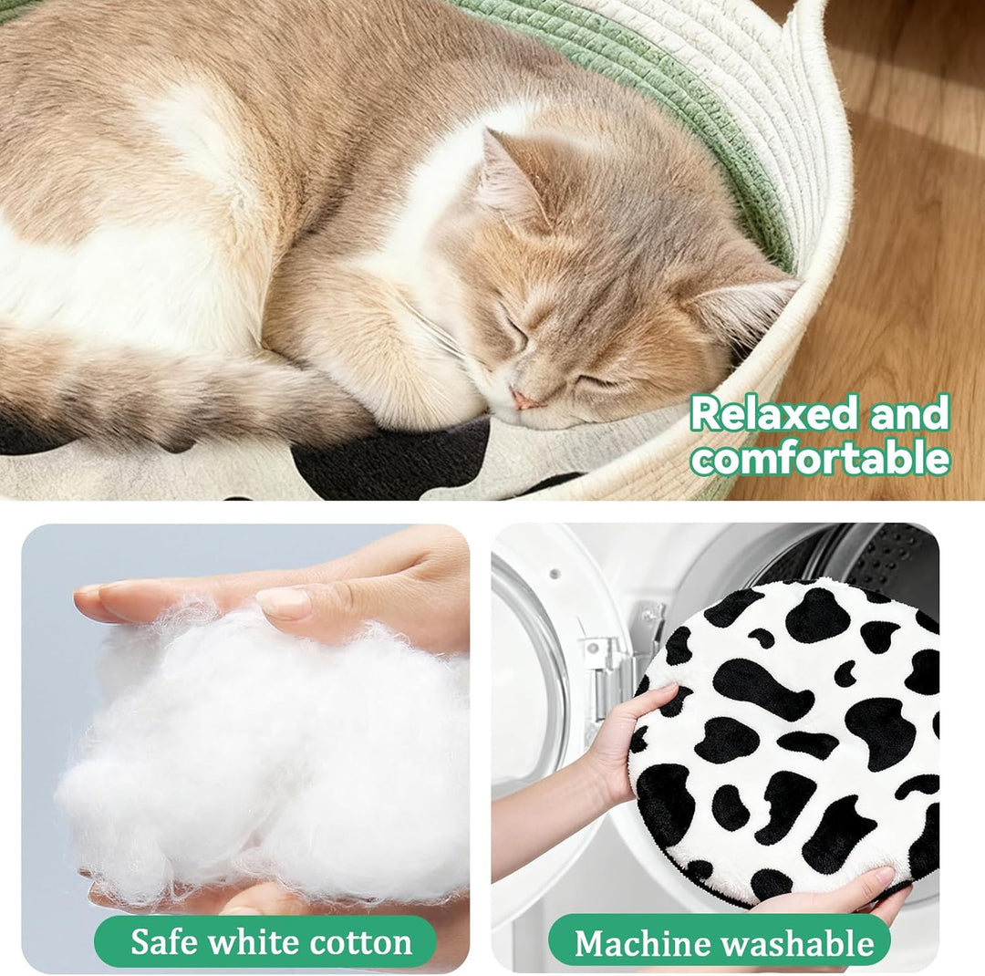 Katzenbett Waschbar aus Baumwollseilen, 40cm Katzenkörbchen mit Baumwollekissen, Katzenkorb Geflocht