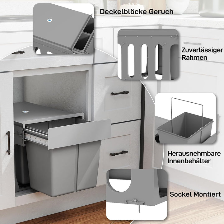 HOMCOM 31L Ausziehbarer Abfallbehälter 15L + 8L x 2, Soft-Close Untertischbehälter mit herausnehmbar