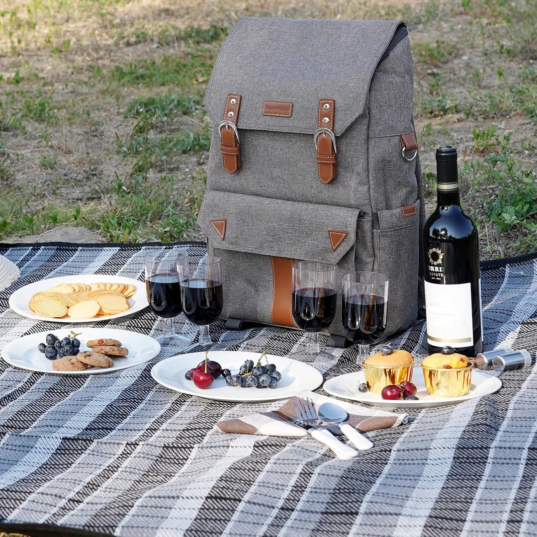 HappyPicnic Insulated Picknickrucksack für 4 Personen mit komplettem Geschirrset, geräumigem Kühlfac