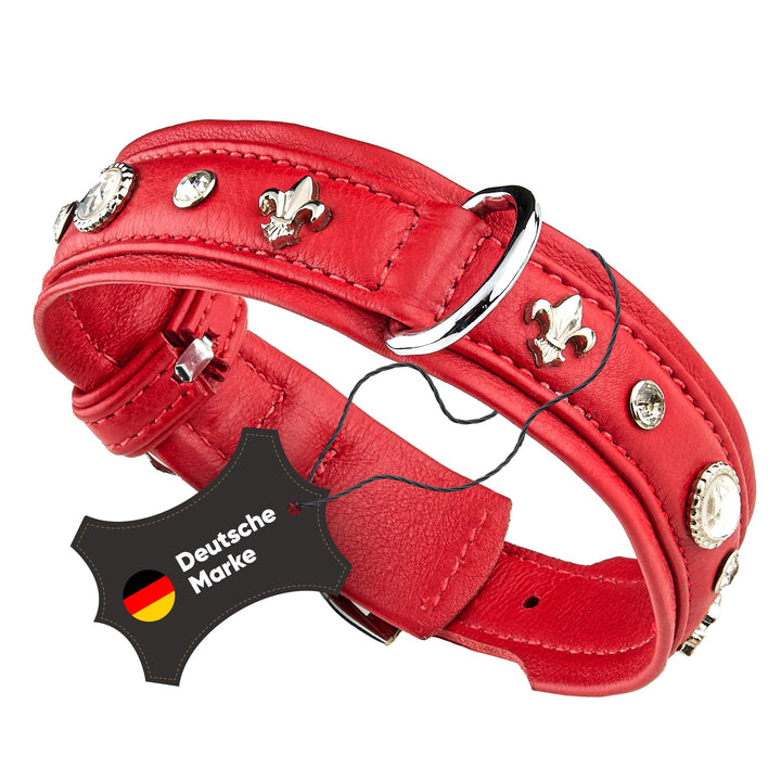 MICHUR Julieta Hundehalsband Leder, Lederhalsband Hund, Halsband, Rot, Leder, mit Lilien,Strassstein