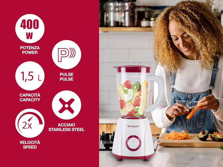 BEPER P102FRU501 Tischmixer 1,5 l – 400 W, 4 Klingen aus Edelstahl, 2 Geschwindigkeiten + Pulsfunkti