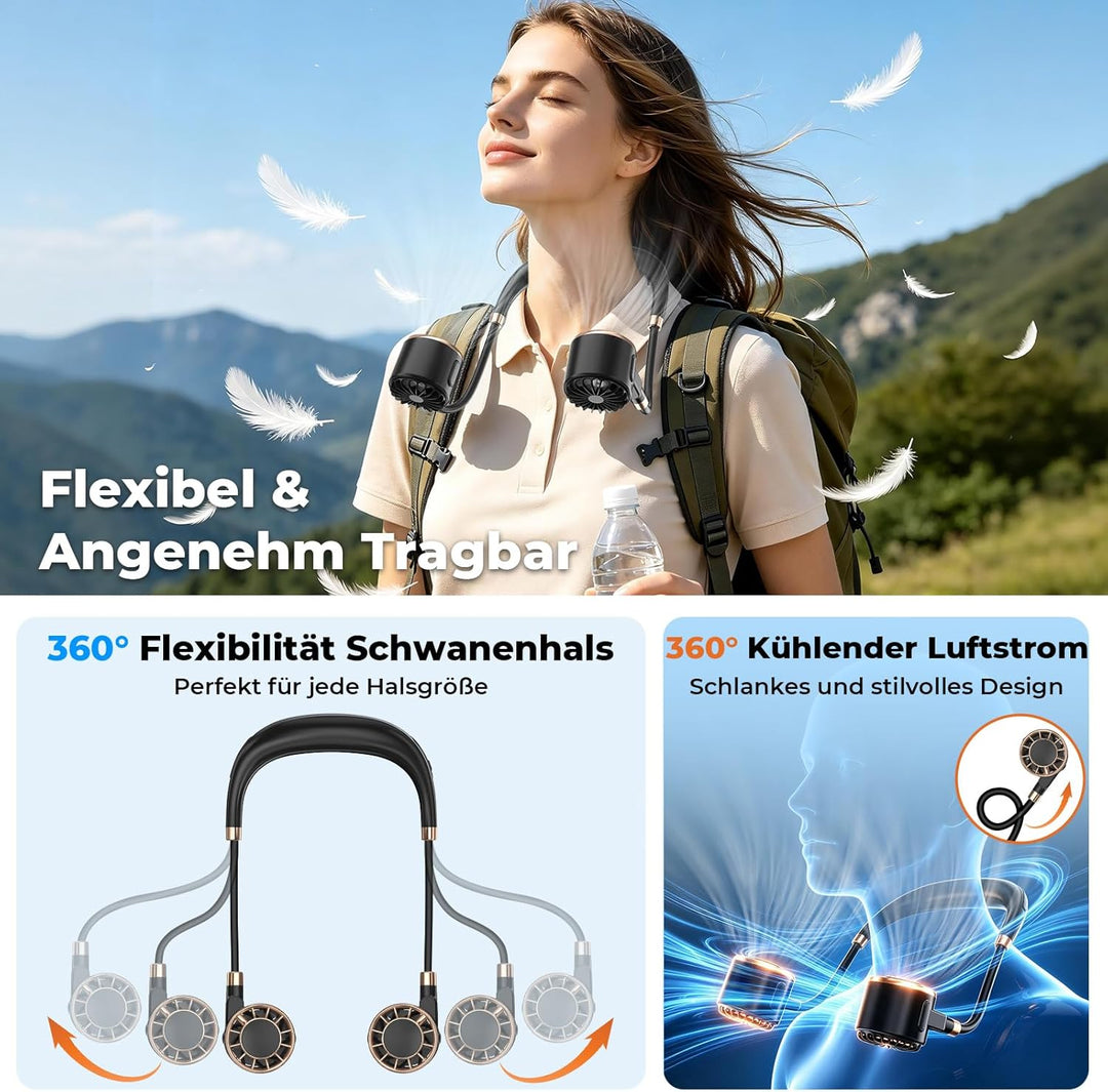 Nackenventilator, 4000mAh Tragbarer Halsventilator, 6 Stufen & 360° Luftstrom, 5-16 Stunden,Extrem L