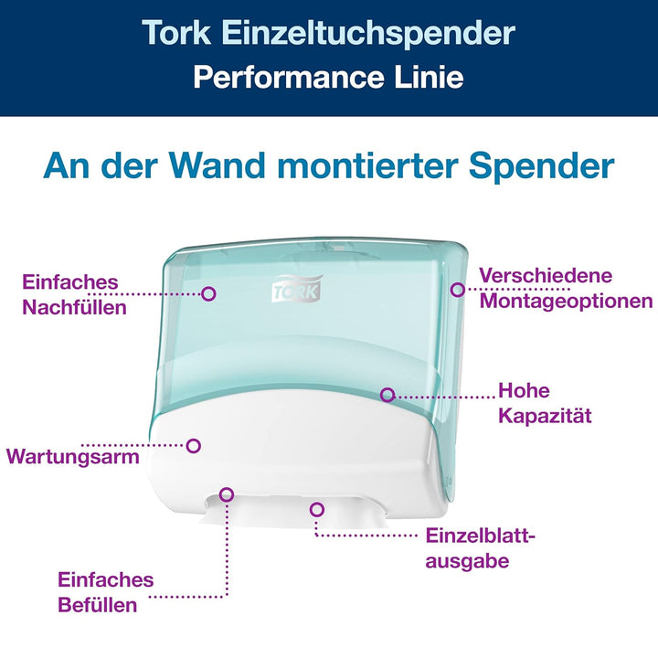 Tork Einzeltuchspender Weiss und Türkis W4, Wandmontage, Performance Linie, 654000, Spender