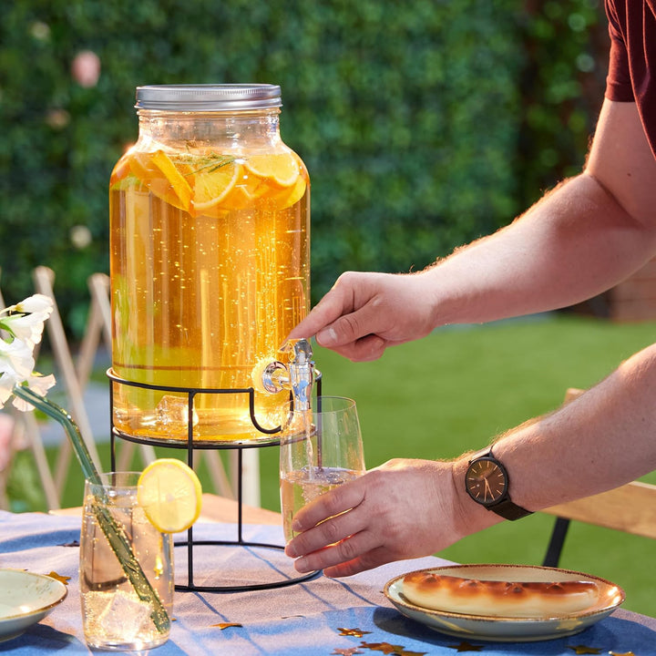 Relaxdays Getränkespender mit Ständer, Zapfhahn & Deckel, 3,3 Liter, Glas, Wasserspender, Limonadens