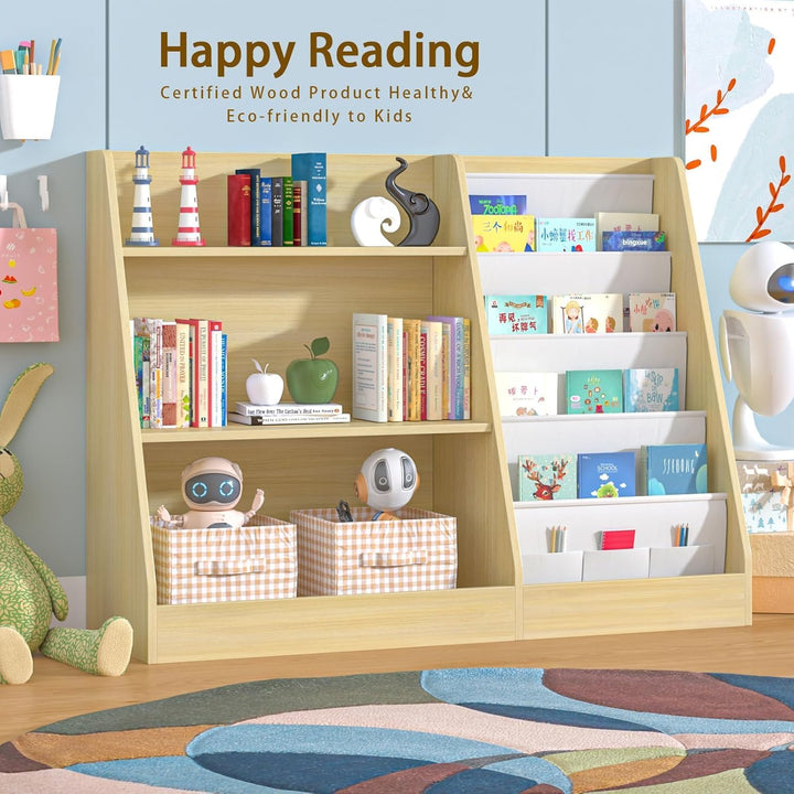Kinderregal mit 4 Ablage und 3 offenen Fächern, Bücherregal für Kinder, Kinderzimmerregal, Bücherreg