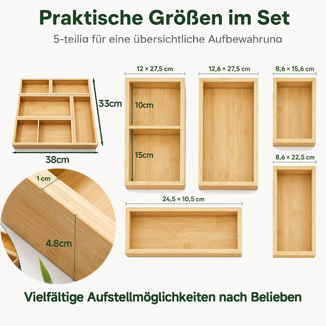 Schubladen Organizer aus Naturbambus 5er Set | Stapelbar, Aufbewahrungsbox Holz, Schreibtisch Organi