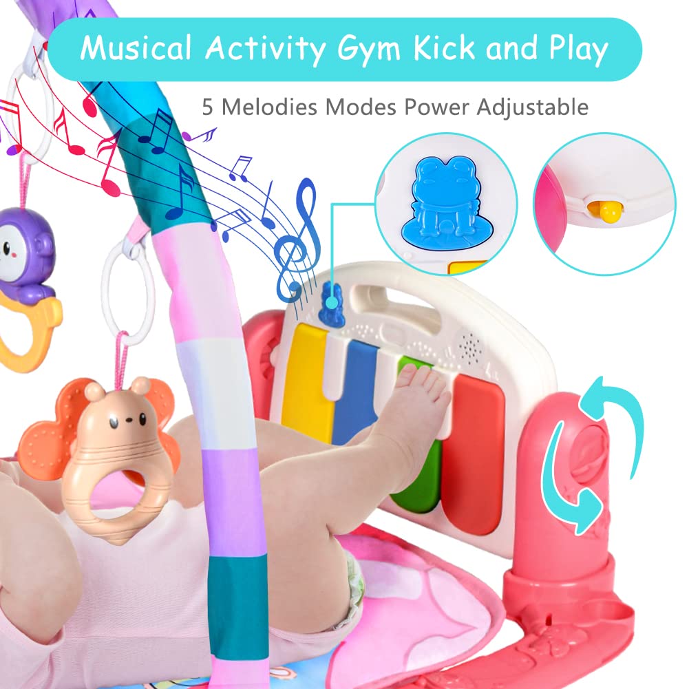 AOMIG Piano-Gym Spieldecke, Krabbeldecke mit Musik und Lichtern, Spielmatte mit Spielbogen abnehmbar