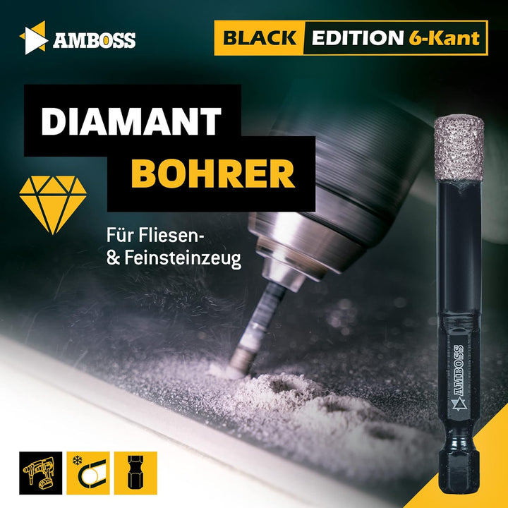 Fliesenbohrer Ø 14 mm/Sechskant Aufnahme - Amboss Black Edition Diamantbohrer - Fliesen/Feinsteinzeu