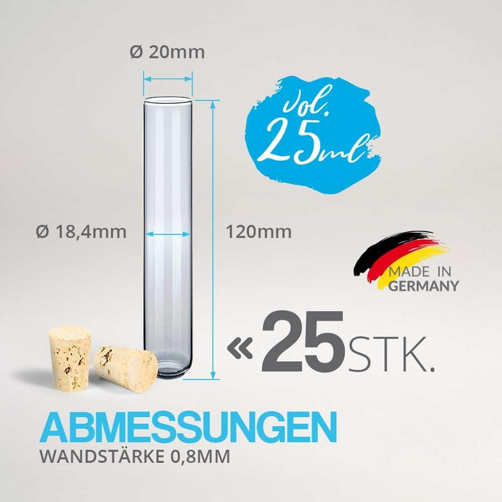 Tuuters Glas Reagenzglas mit Korken 25 Stück (120 x ø 20 mm) Gewürzgläser | Reagenzgläser für Blumen
