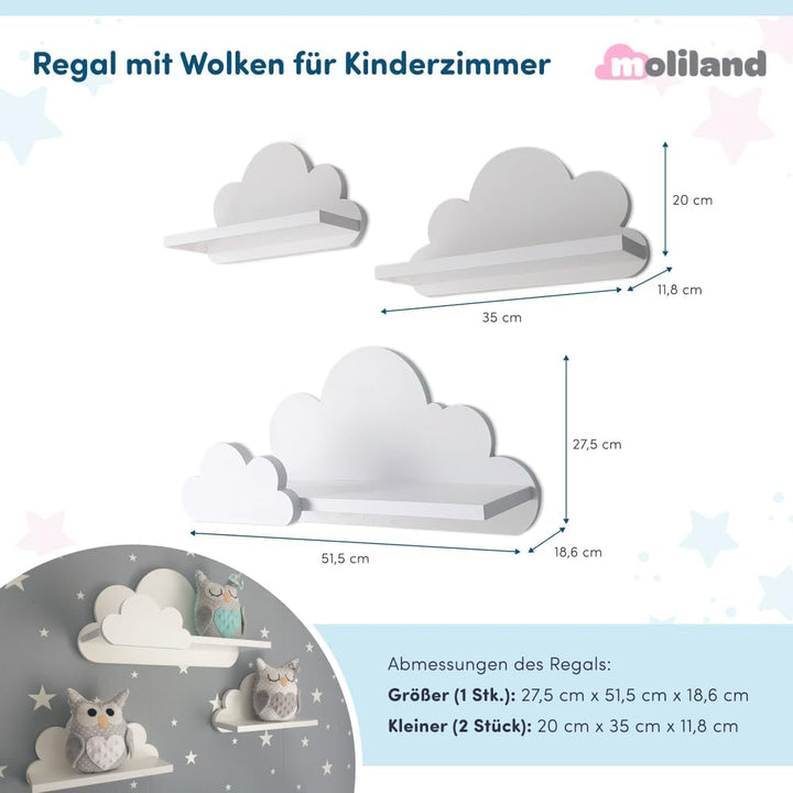 Wandregal Kinderzimmer Wolke Weiss (3er Set) – Modell Laguna Prestige – Solides 18mm MDF Bücherregal