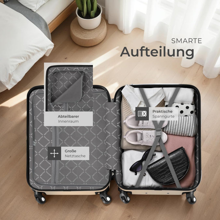 tectake 800763 Kofferset 4-TLG, robuste Hartschalenkoffer, abnehmbare Rollen 360°, ineinander stapel