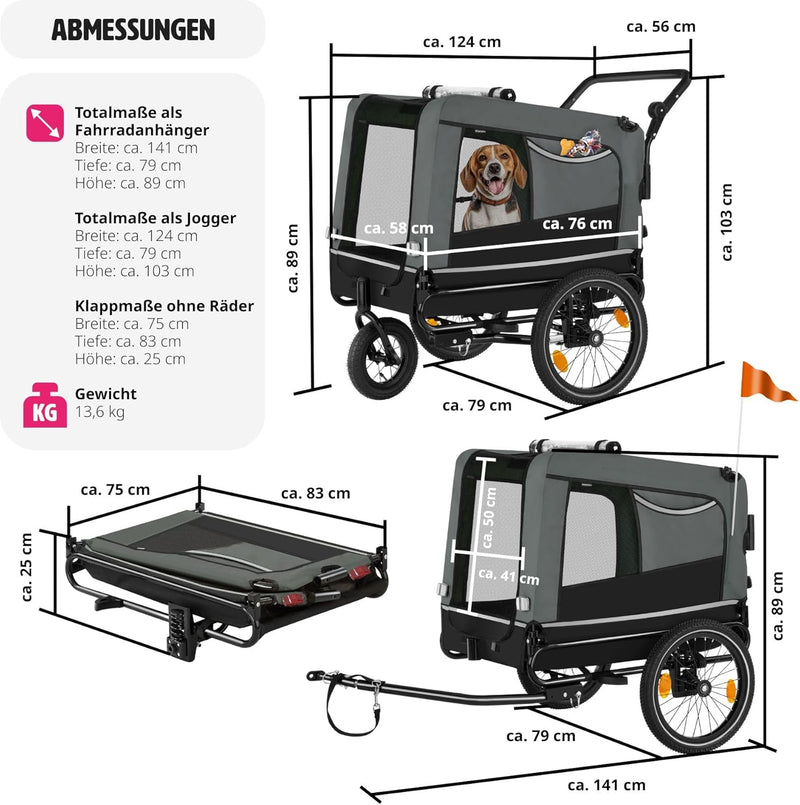 tectake® Fahrradanhänger multifunktional - als Hunde Anhänger Wagen für Fahrrad und e Bike, Jogger o