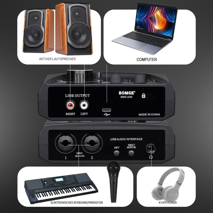 BOMGE Mini-2-Kanal-USB-Audio-Schnittstelle für Aufnahmen, Streaming und Podcasting, mit XLR/48 V Pha