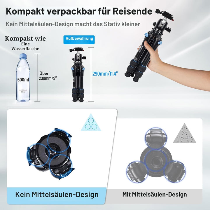 SIRUI AM203 Mini Stativ Kamera Klein Dreibein, Aluminium Ministativ Tischstativ Mini Tripod mit 360