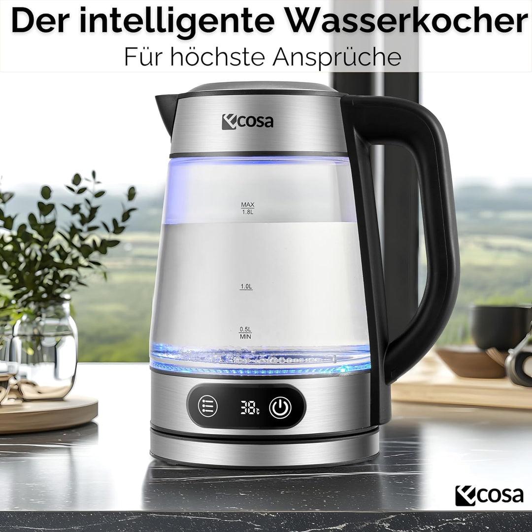 Ecosa® Glas Wasserkocher mit Temperatureinstellung 1,8 Liter 2.200 Watt Edelstahl mit Temperaturwahl