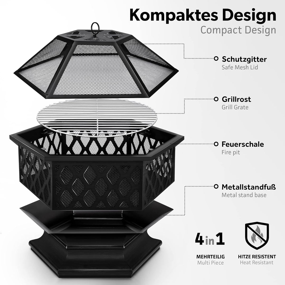 tillvex Feuerschale mit Funkenschutz & Grillrost | Feuerstelle Outdoor für den Garten | 4 in 1 BBQ G