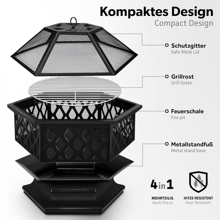 tillvex Feuerschale mit Funkenschutz & Grillrost | Feuerstelle Outdoor für den Garten | 4 in 1 BBQ G