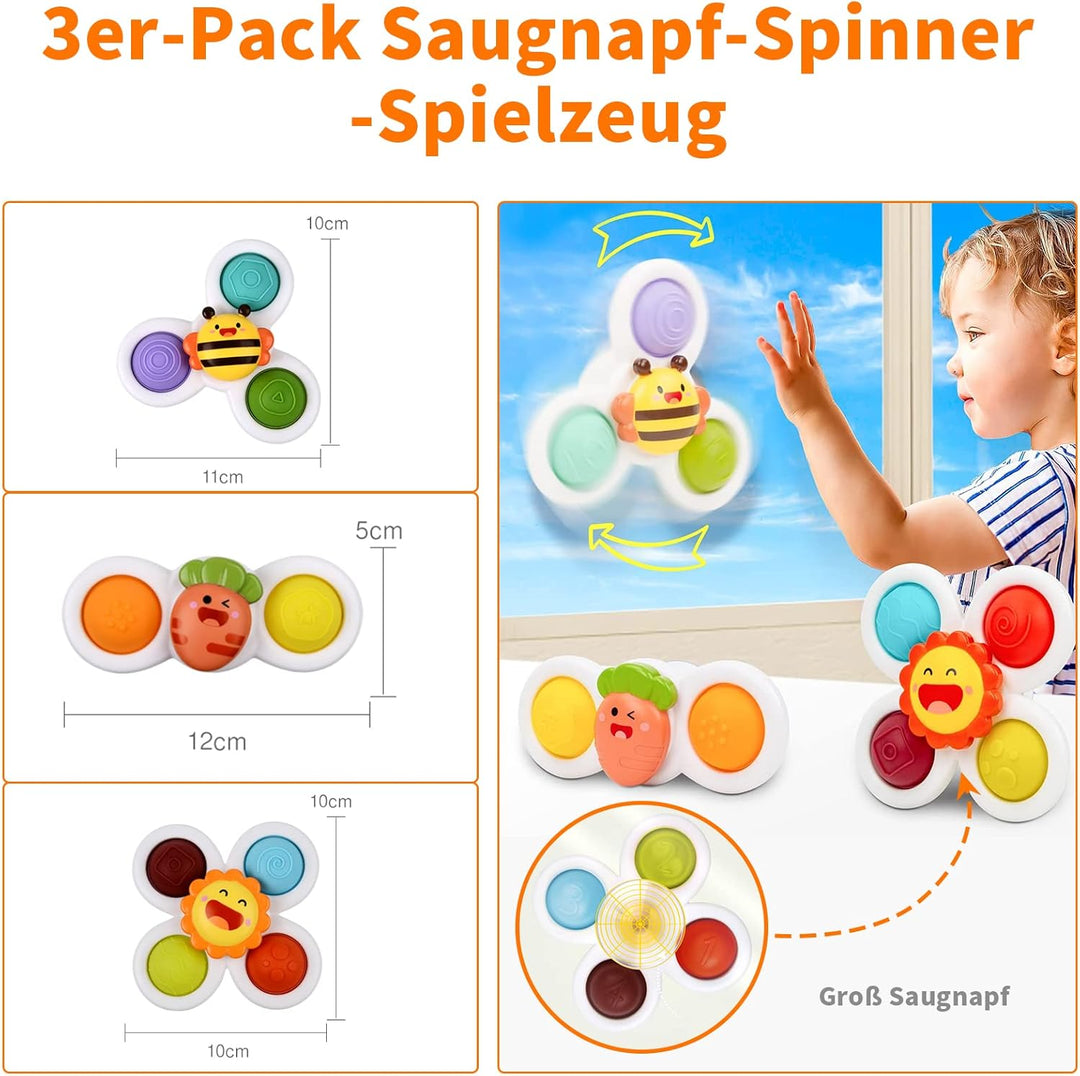 3 Stück Saugnapf Spielzeug, Sensorik Spielzeug Baby 1 Jahr Tisch-Saugnapf Spielzeug Kreisel Kinder B