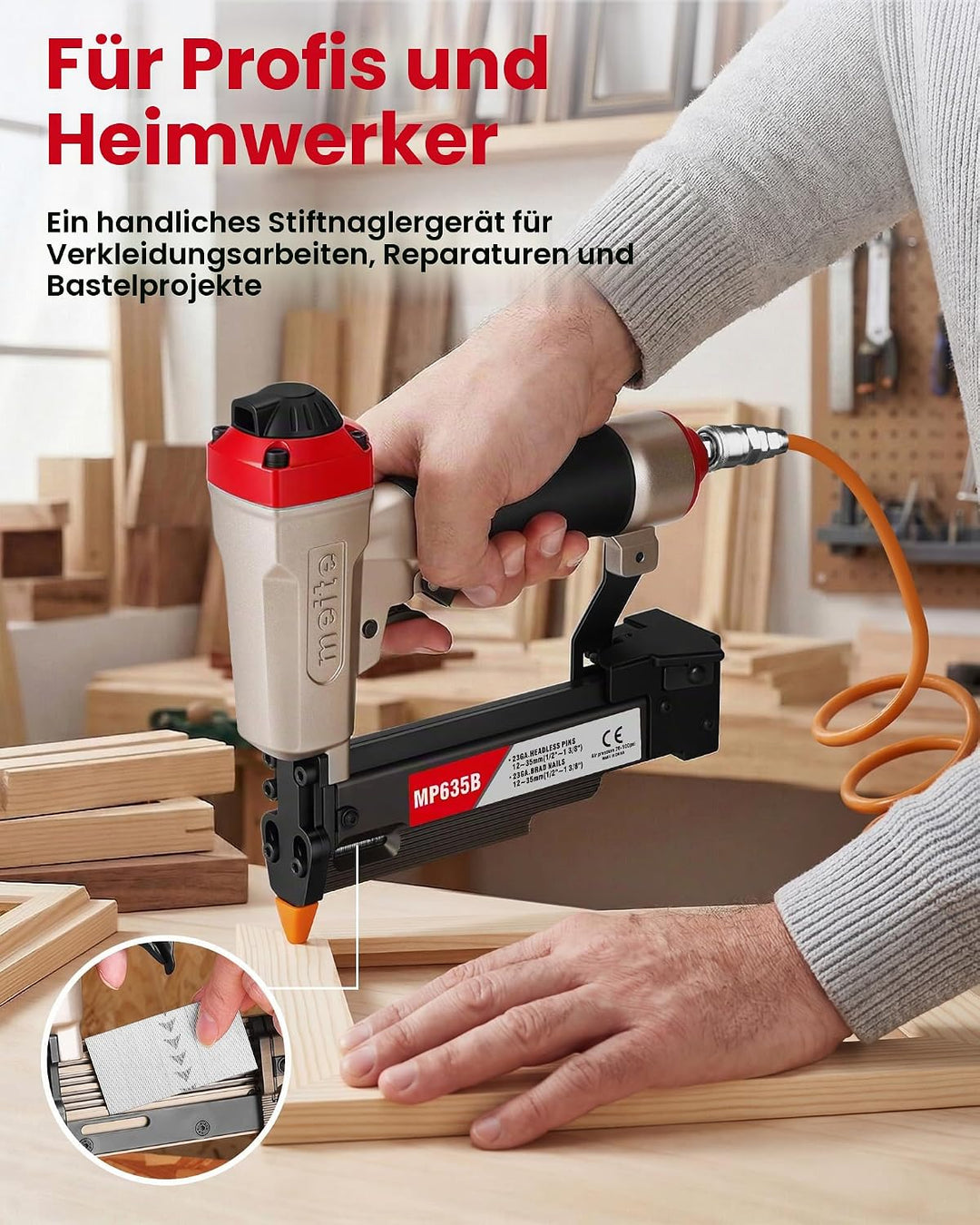 meite MP635B 23-Gauge Stiftnagler mit 10.000 Stück 25 mm Stiftnägel, kompakte pneumatische Pin-Nagle