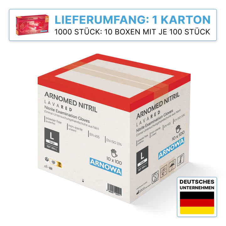 1000 Stück ARNOMED Einweghandschuhe Rot, Einmalhandschuhe L, Nitril Handschuhe Einweg, Nitrilhandsch
