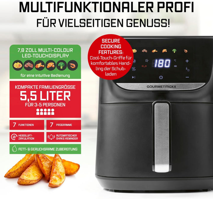 GOURMETmaxx AirGenius Heissluftfritteuse - 5,5 L Airfryer | Fritteuse mit 7 Programmen | Minibackofe