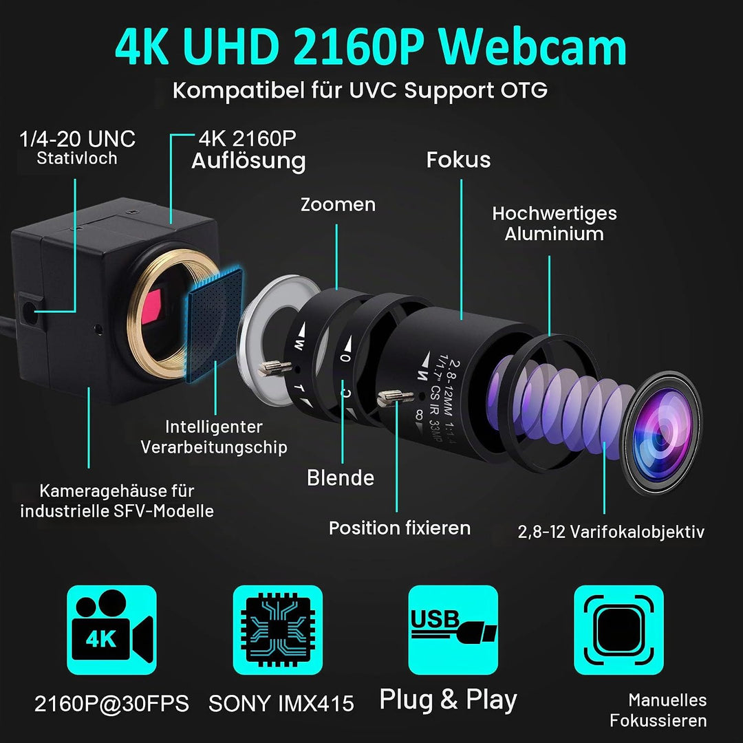 ELP 4K Webcam 30fps,Ultra HD USB Zoom Kamera mit 2.8-12mm Weitwinkel Objektiv,Mini Web Kamera für PC