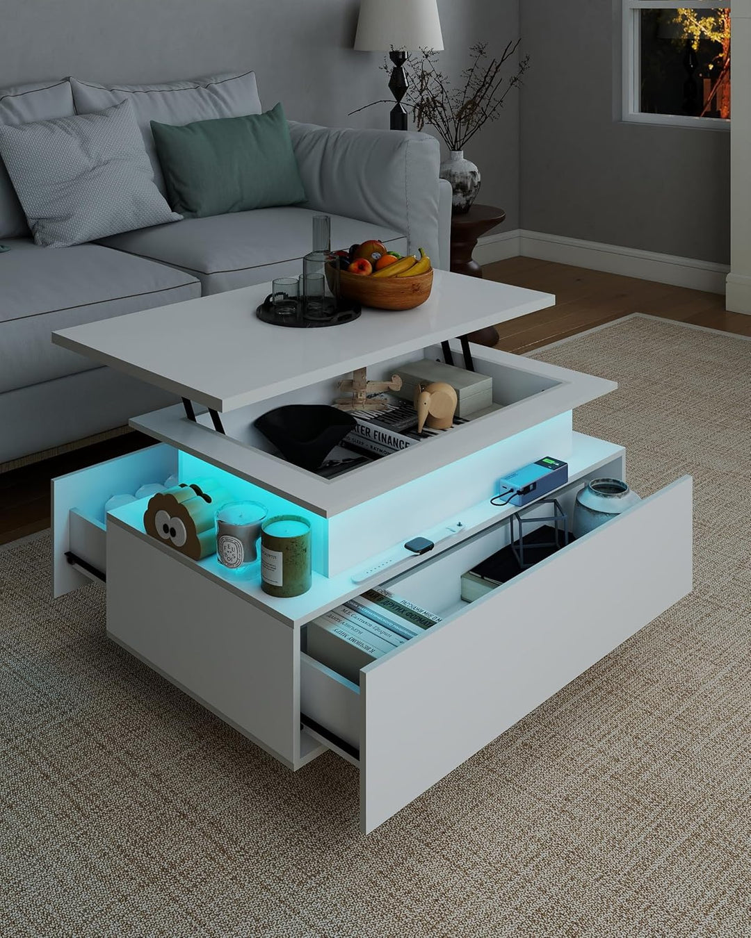 Couchtisch Höhenverstellbar Weiss Hochglanz, Couchtisch Aufklappbar mit Stauraum Modern, Wohnzimmert