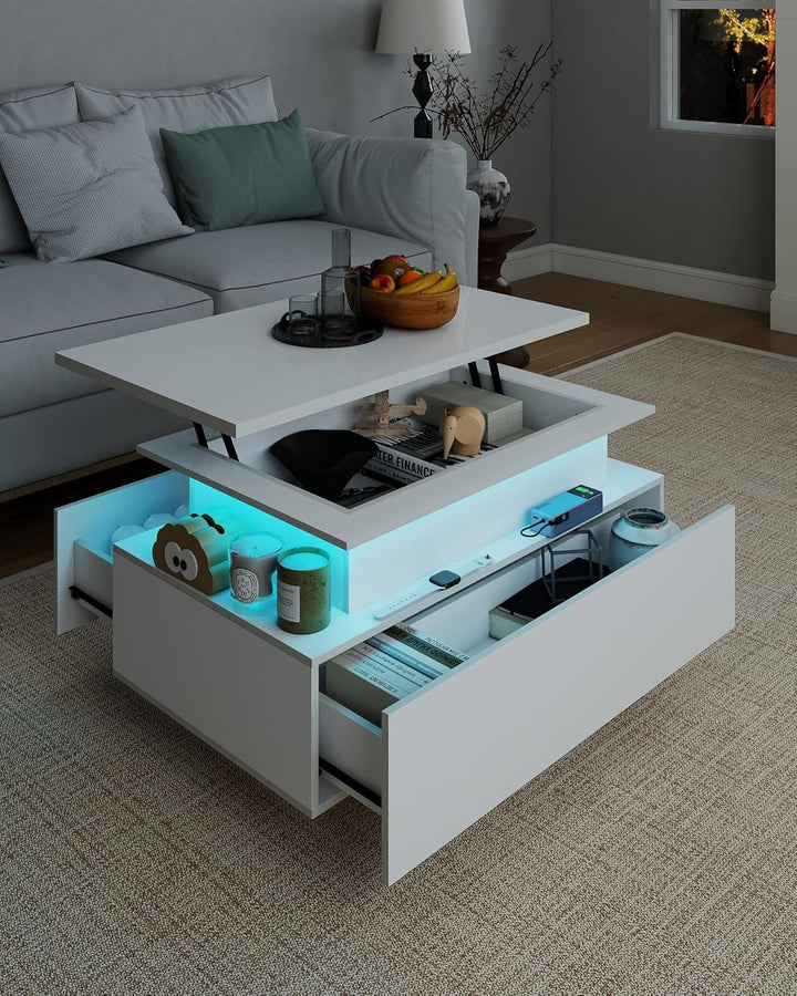 Couchtisch Höhenverstellbar Weiss Hochglanz, Couchtisch Aufklappbar mit Stauraum Modern, Wohnzimmert