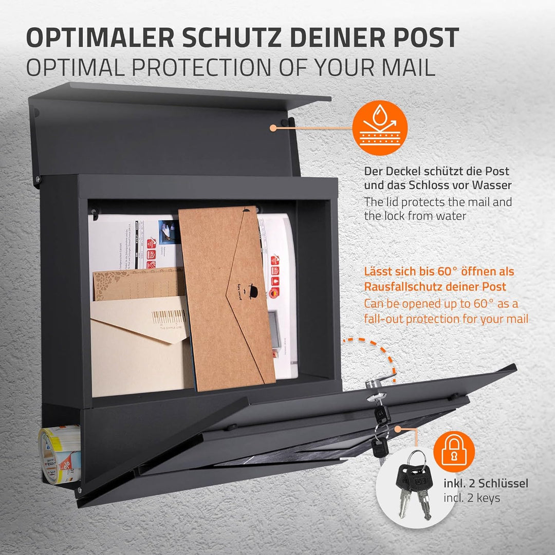 ML-Design Briefkasten 37x36,5x11 cm Anthrazit/Schwarz-Marmoroptik, Stahl, Postkasten mit Zeitungsfac