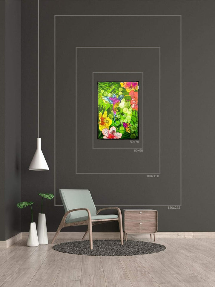 PSYWORK Schwarzlicht Stoffposter Neon | Kolibri Hibiskus Flower | 0,5 x 0,7m | UV-aktiv | fluoreszie