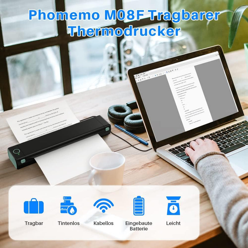 Phomemo M08F Mobiler Drucker A4 für Unterwegs Bluetooth Kleiner Thermodrucker - Portable Printer Kom