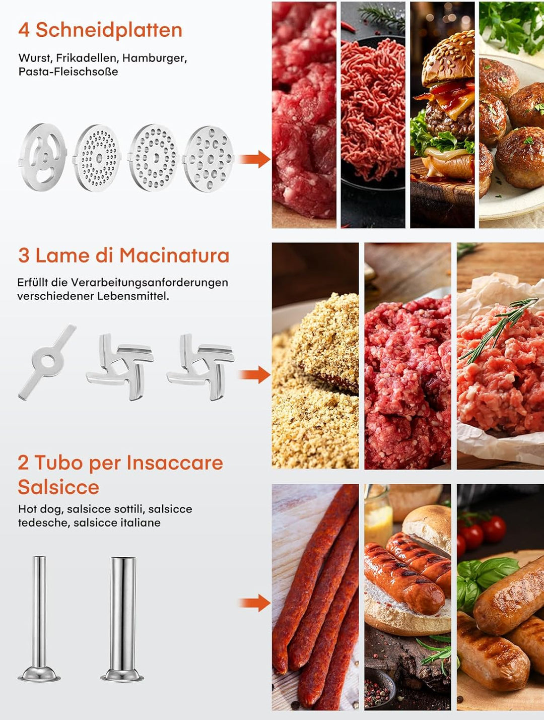FOHERE Edelstahl Fleischwolf Aufsatz für Kitchenaid Zubehör, Standmixer, Fleischwolf Zubehör Inklusi
