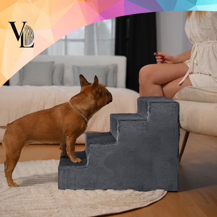 VELORA H&amp;L Hundetreppe 4 Stufen Dunkelgrau - Stabile Holzkonstruktion mit Veloursbezug, rutschfeste