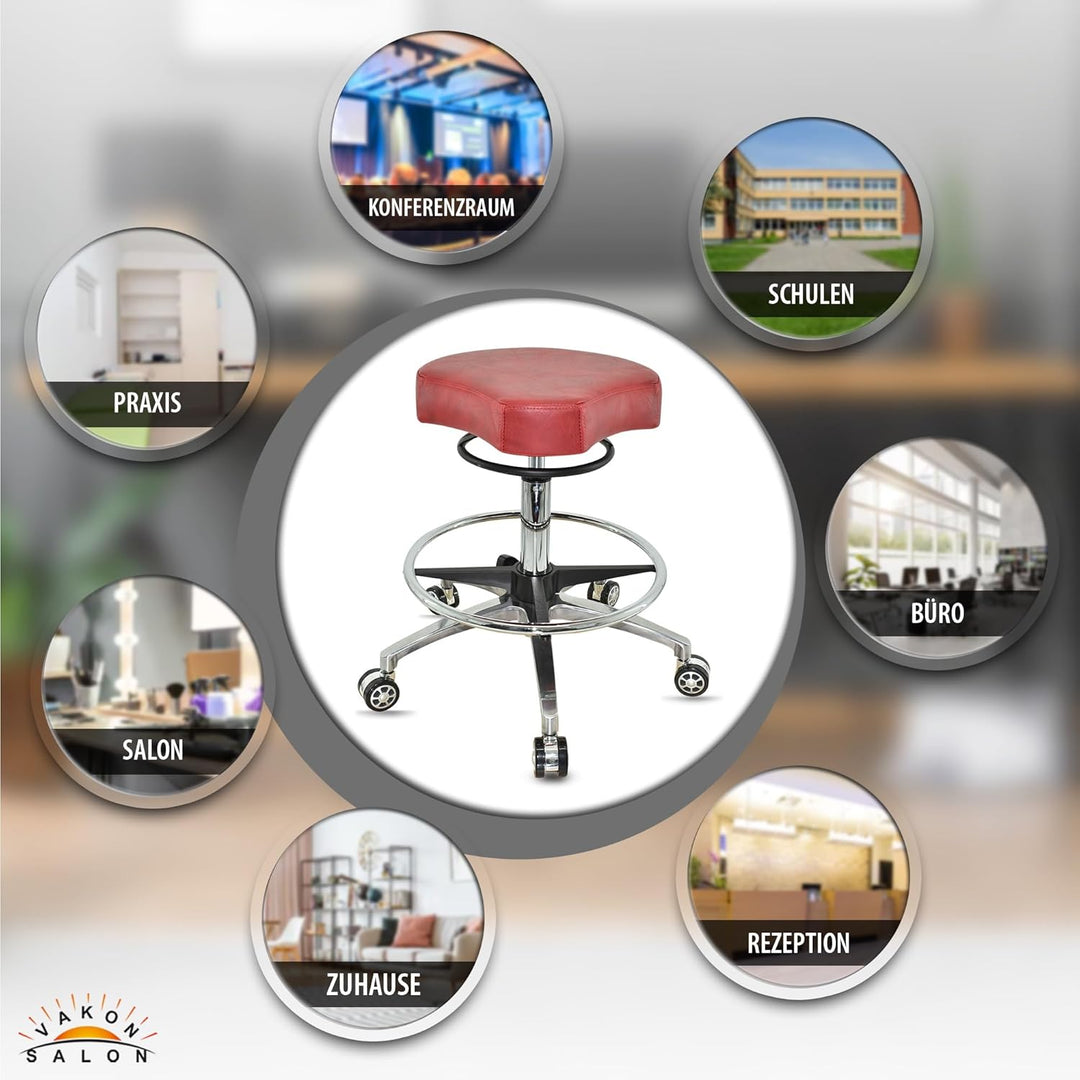 Design ergonomischer Rollhocker auf Rollen Rot - Höhenverstellbarer von 55 bis 75 cm mit Fussring -