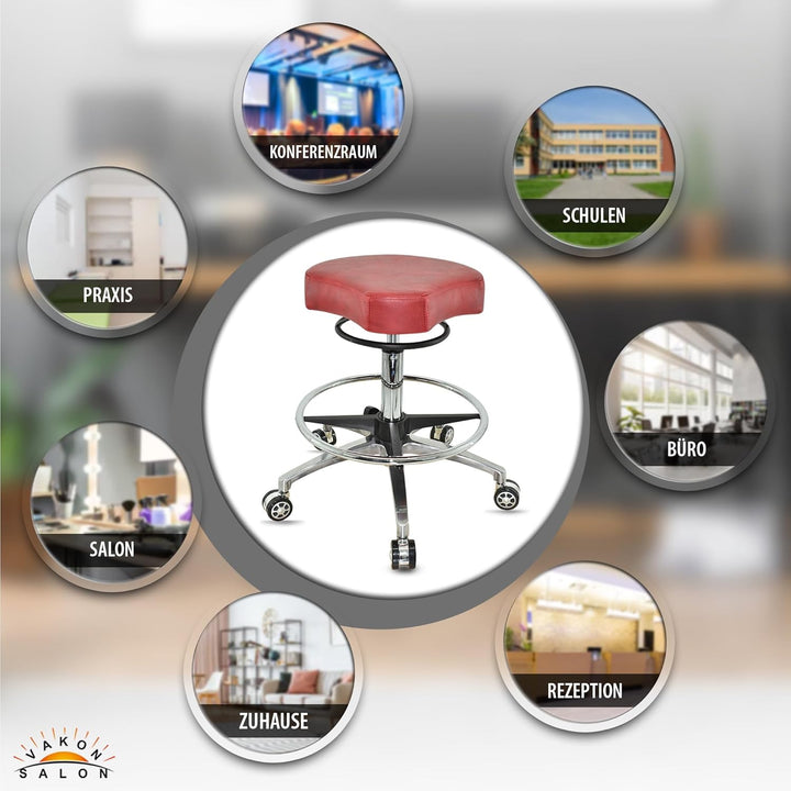 Design ergonomischer Rollhocker auf Rollen Rot - Höhenverstellbarer von 55 bis 75 cm mit Fussring -