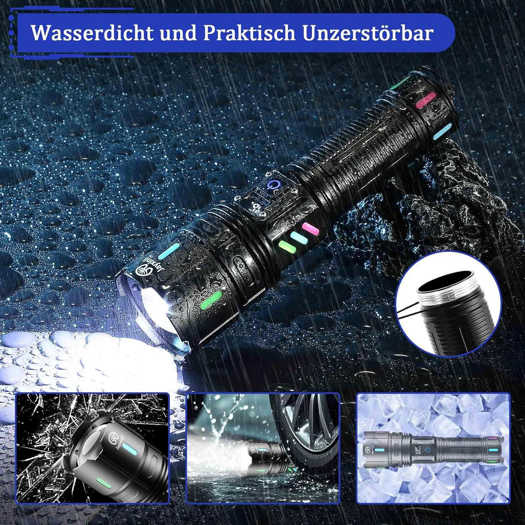 Jayxinli Taschenlampe LED Aufladbar 500000 Lumen, Extrem Hell, Starke, 5 Lichtmodi, Zoombar Mehrfarb