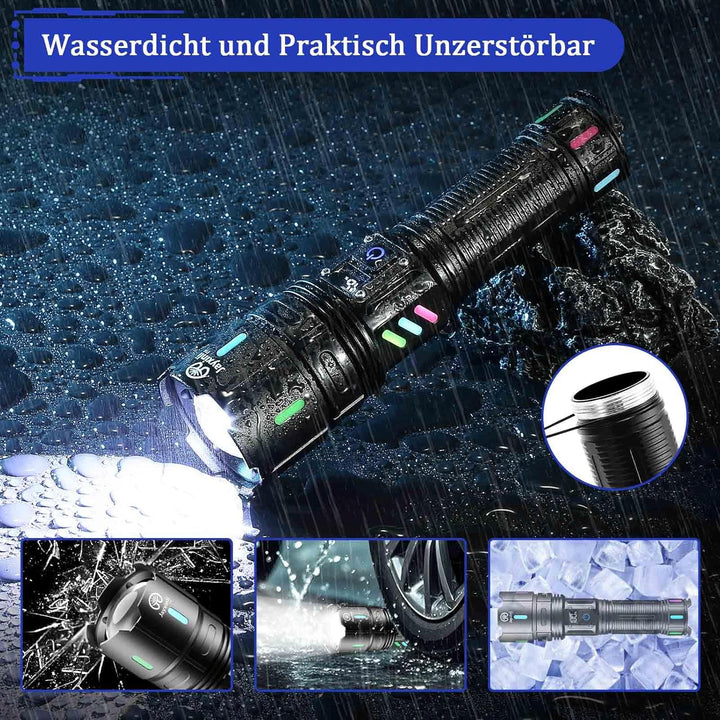 Jayxinli Taschenlampe LED Aufladbar 500000 Lumen, Extrem Hell, Starke, 5 Lichtmodi, Zoombar Mehrfarb