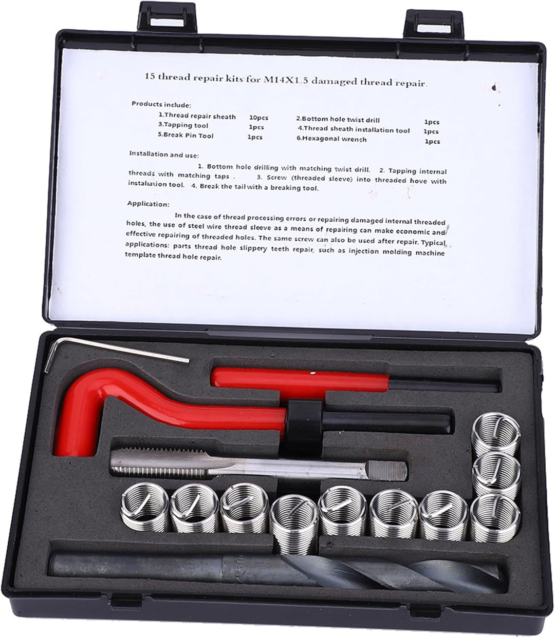 15 Stück Gewindeeinsätze M14x1.5 Innengewinde Reparatur Zubehör Sortiment Kit Bohren Helicoil Repara