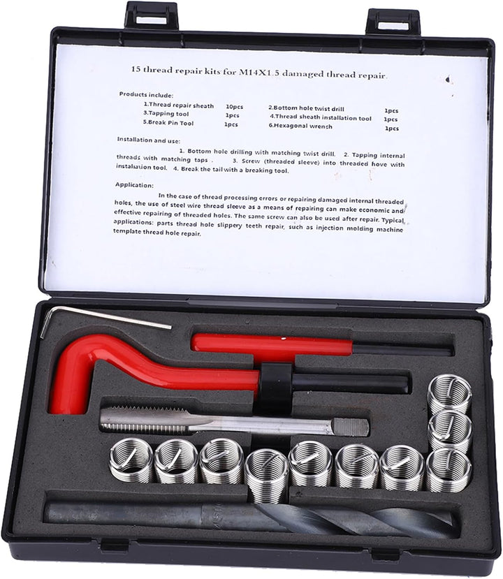15 Stück Gewindeeinsätze M14x1.5 Innengewinde Reparatur Zubehör Sortiment Kit Bohren Helicoil Repara