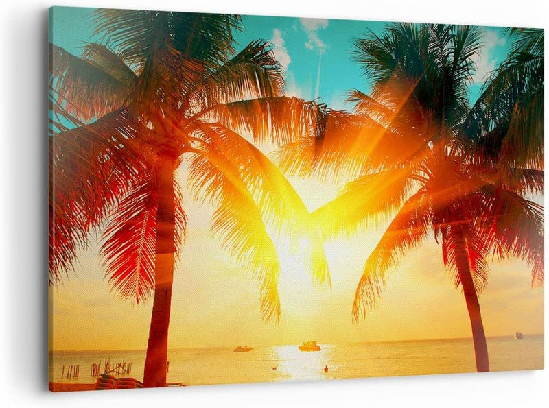 Bilder auf Leinwand 100x70cm Leinwandbild mit Rahmen Meer Palme Wasser Gross Wanddeko Bild Schlafzim