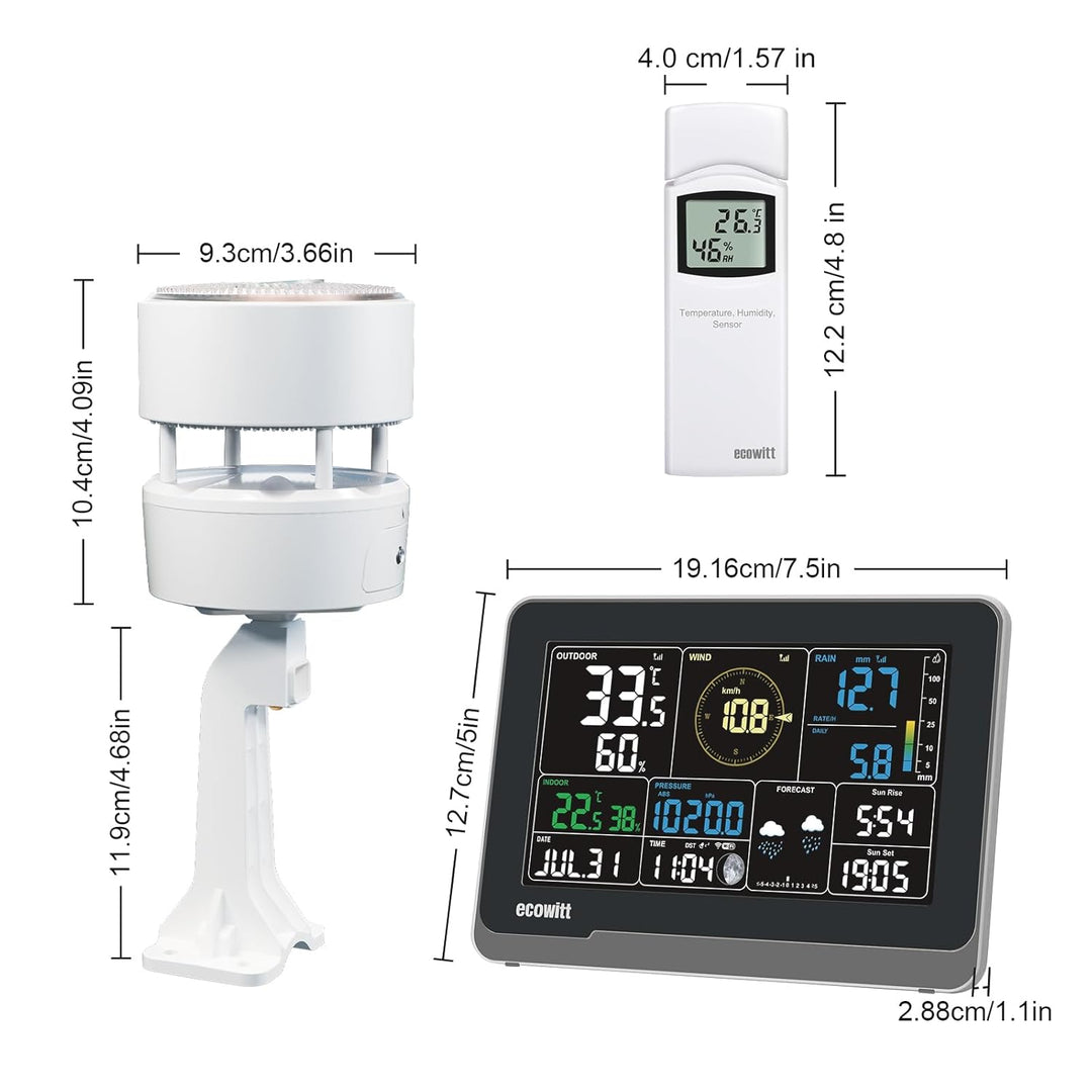 ECOWITT Funk-Wetterstation WS3902 mit 7,5 Zoll LCD-Display, Garten-Wetter-Sensor WS85 (Solarpanel/Re