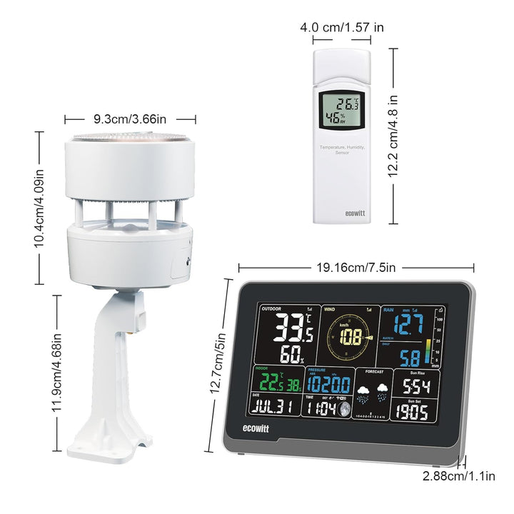 ECOWITT Funk-Wetterstation WS3902 mit 7,5 Zoll LCD-Display, Garten-Wetter-Sensor WS85 (Solarpanel/Re