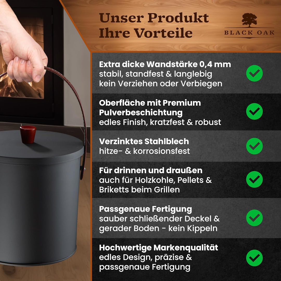 BLACK OAK Ascheeimer TOBA 5L - schwarz mit Deckel mit Holzknauf + Feger + Schaufel & Handschuhen - 5