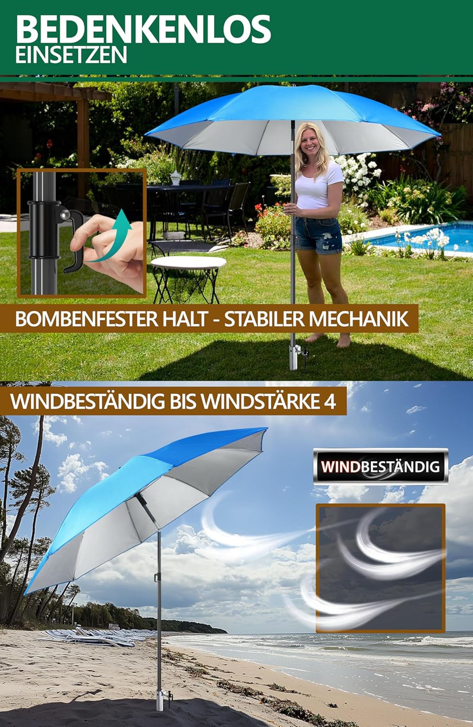 4smile Sonnenschirm Strand 3-in-1 Set, Ø 180 cm, Blau, Strandschirm Windfest Stabil, UV50 Sonnenschu