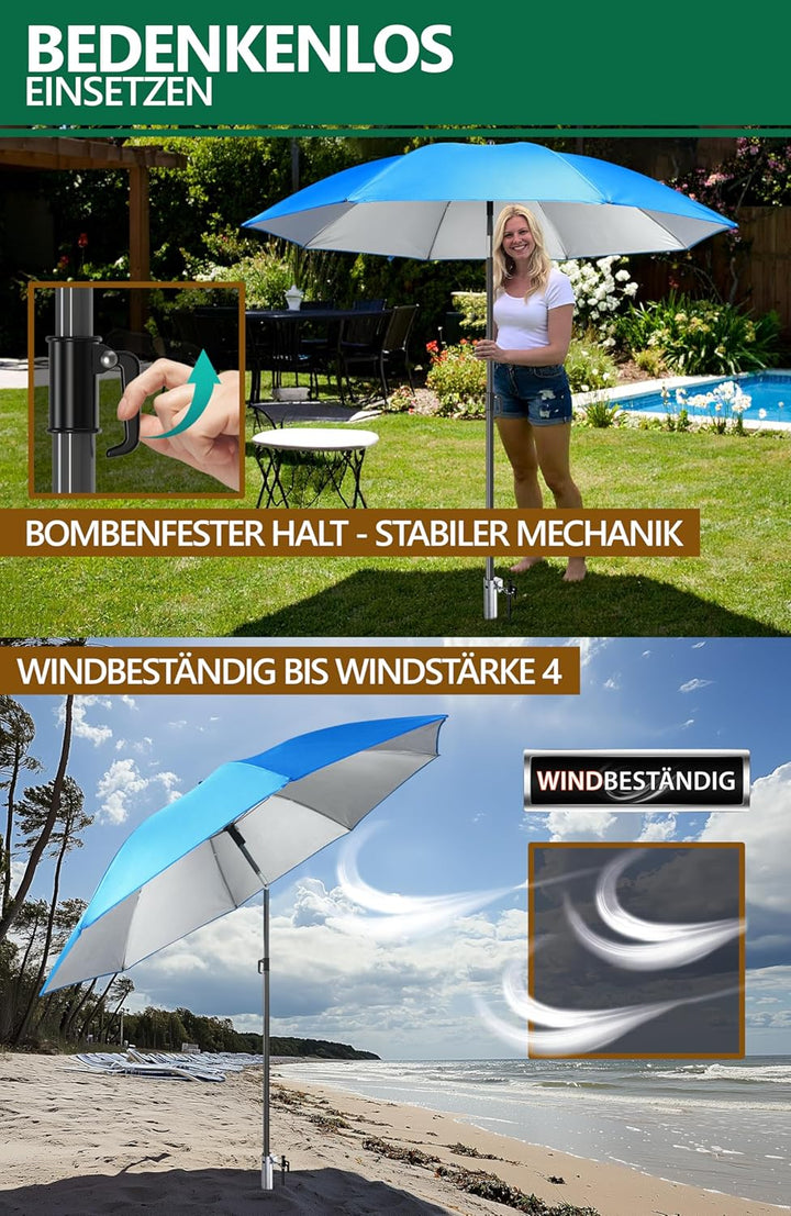 4smile Sonnenschirm Strand 3-in-1 Set, Ø 180 cm, Blau, Strandschirm Windfest Stabil, UV50 Sonnenschu