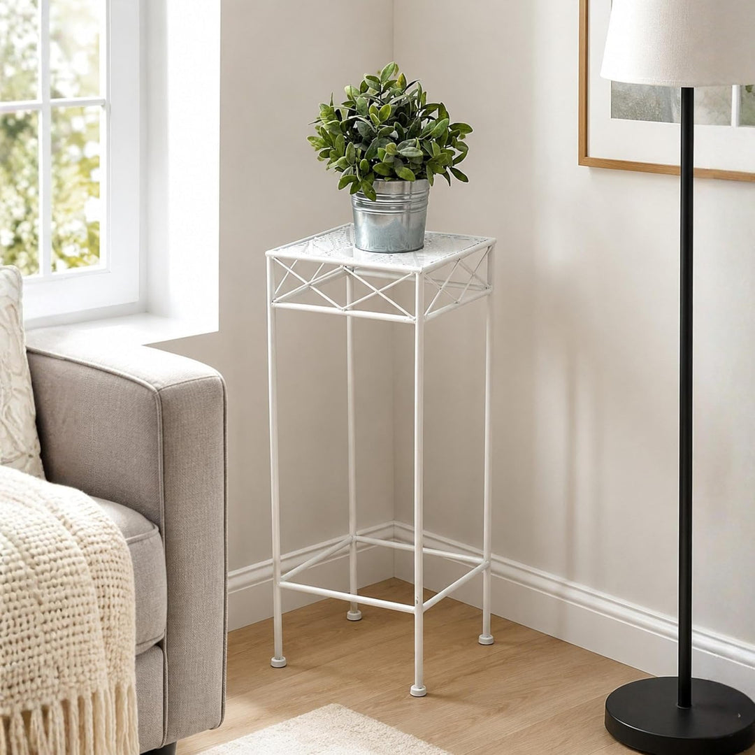 DanDiBo Blumenhocker Weiss Metall Eckig 70-50 cm Blumenständer 96314 Beistelltisch Blumensäule Moder